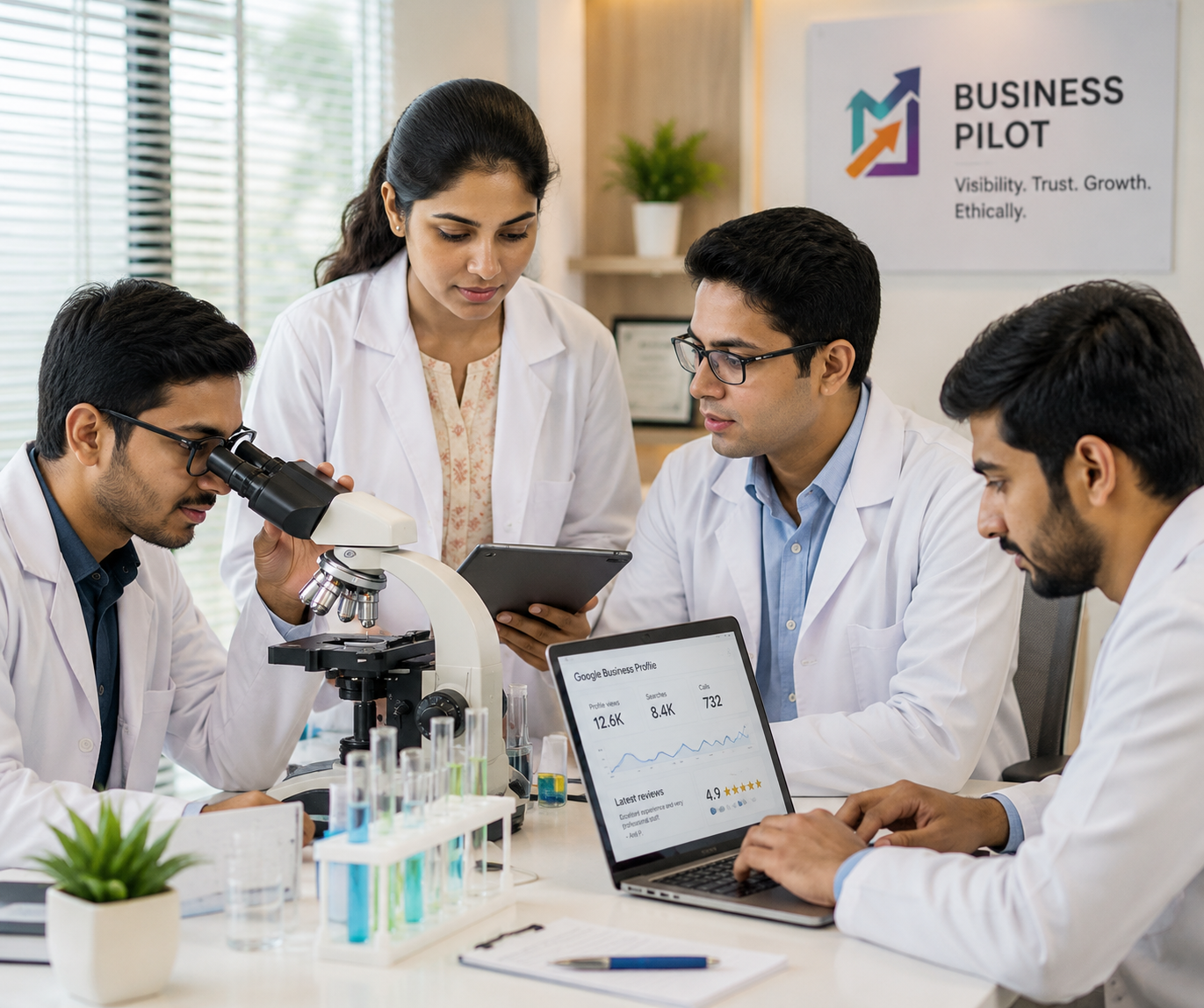 Indian doctor team collaborating in a modern clinic setting