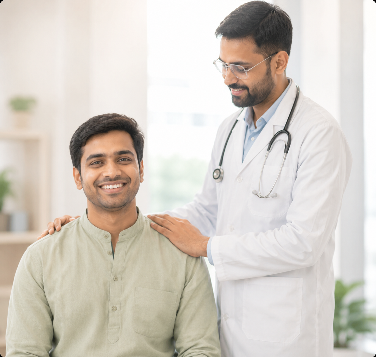 Indian doctor supporting a smiling patient during a clinic consultation
