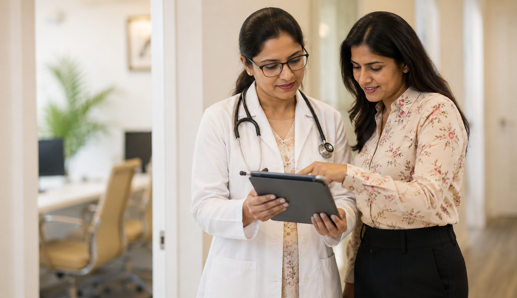 Indian doctor reviewing a tablet with a patient in a calm clinic setting