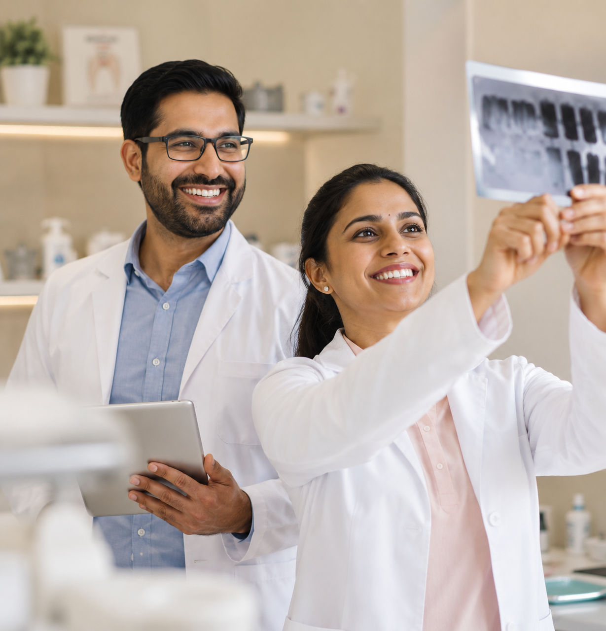 Indian doctors reviewing an X-ray together in a clinic