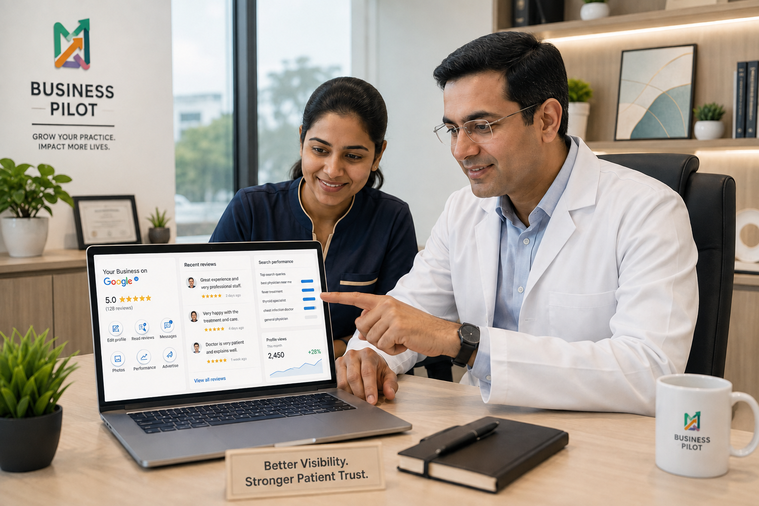 Indian doctor and clinic professional reviewing visibility information on a laptop in a modern clinic